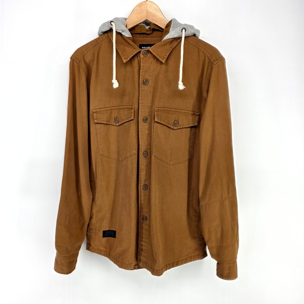 Pull&Bear‎ Hooded Shirt Jacket Mens XS Brown Canvas Twill Shacket Utility Hooded